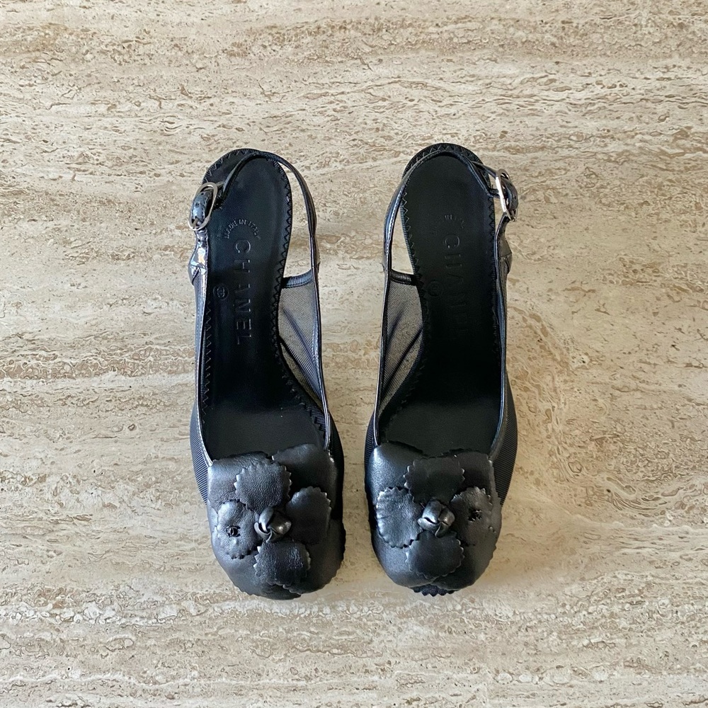 Vintage Chanel Mesh Camellia Slingback Heels